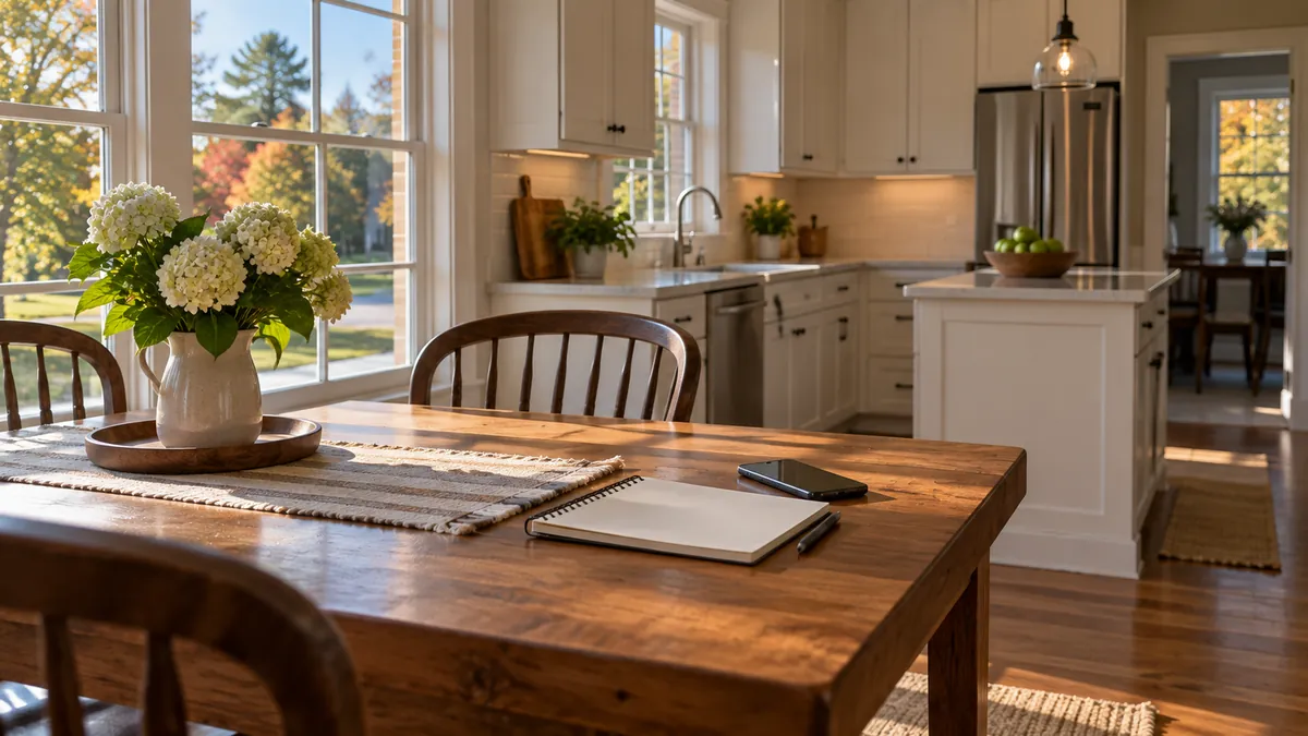 A clean kitchen table by a window with a phone and a blank notepad on it, the room behind it neat and still