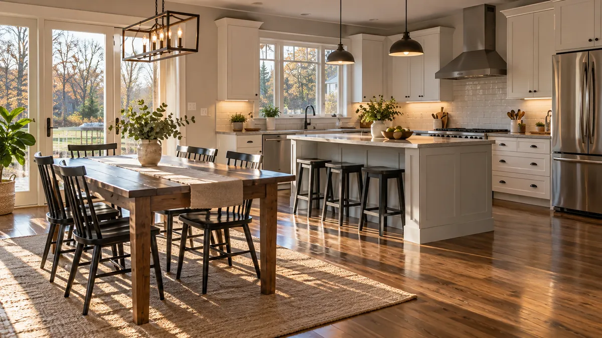 Wide view of a clean open kitchen and dining area in afternoon light, the table wiped bare and the chairs tucked in over a mopped floor