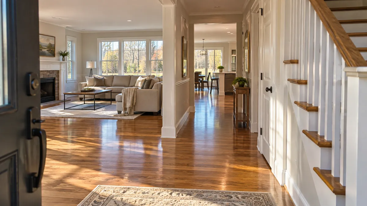 A whole ground floor seen from the front door after a full clean, the entry hall and living room clear and wood floors bright throughout